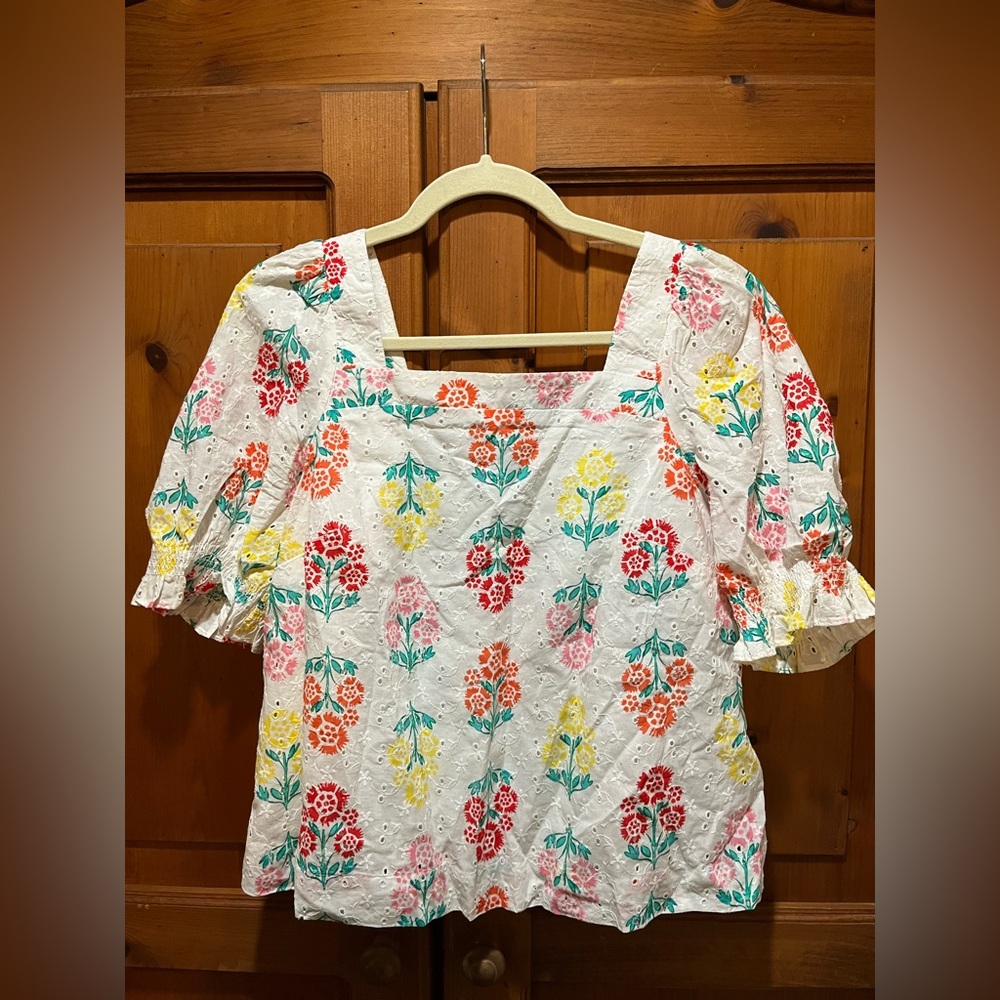 Draper James Floral Embroidered Blouse in Red, Pink, Yellow, and Green